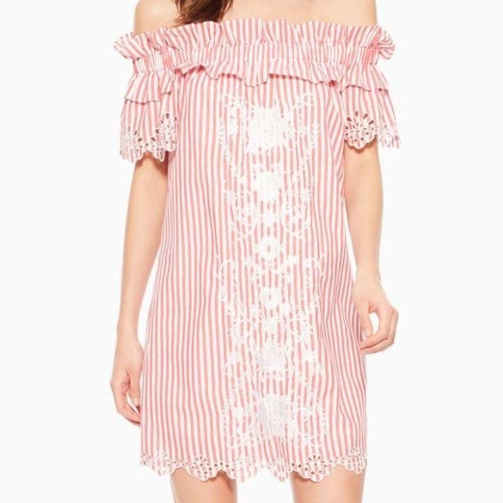 Parker Red & White Striped Cable Off-the-Shoulder Dress w/Floral Detail Sz M EUC